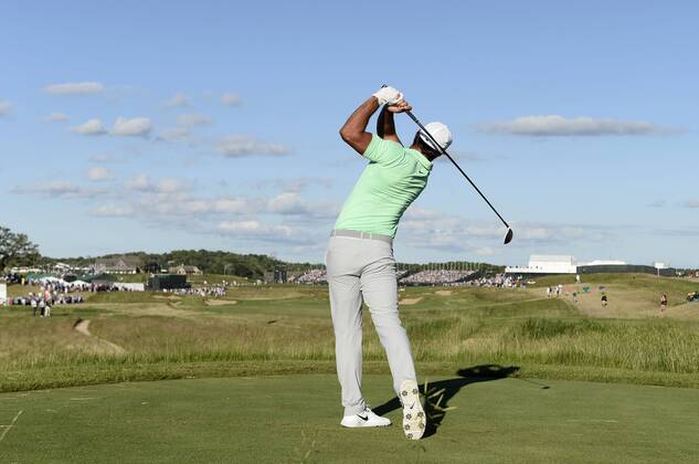 Brooks Koepka tees No. 18 during the final round of the 117th U.S. Open golf tournament at Erin Hill golf course on June 18, 2017, in Erin, Wisconsin.  WIS20170618565 BRIANxKERSEY