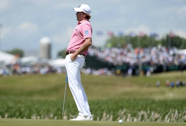 Brandt Snedeker reacts after missing a putt on the first hole during the final round of the 117th U.S. Open golf tournament at Erin Hills golf course on June 18, 2017, in Erin, Wisconsin.  WIS20170618512 BRIANxKERSEY