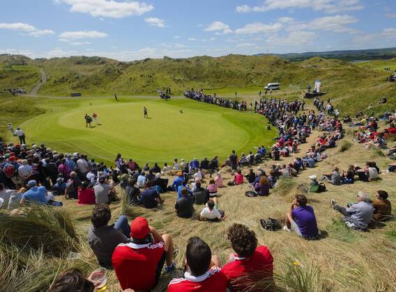 July 8th 2017, Portstewart Golf Club, Portstewart, Northern Ireland; Dubai Duty Free Irish Open Golf Championship, Day 3; Fans take in the sights over the 3rd green during the third round of the Dubai Duty Free Irish Open xNigelxCookex  ActionPlus11899003