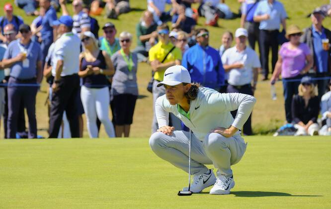 July 8th 2017, Portstewart Golf Club, Portstewart, Northern Ireland; Dubai Duty Free Irish Open Golf Championship, Day 3; Tommy Fleetwood (ENG) studies the green on the 16th during the third round of the Dubai Duty Free Irish Open xNigelxCookex  ActionPlus11898991
