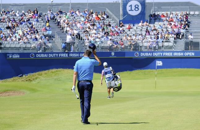 July 8th 2017, Portstewart Golf Club, Portstewart, Northern Ireland; Dubai Duty Free Irish Open Golf Championship, Day 3; Padraig Harrington (IRL) acknowledges the grandstand crowd as he makes his way towards the 18th green during the third round of the Dubai Duty Free Irish Open xNigelxCookex  ActionPlus11898994