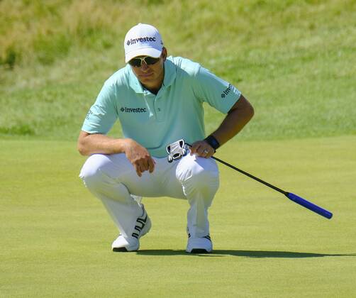 July 8th 2017, Portstewart Golf Club, Portstewart, Northern Ireland; Dubai Duty Free Irish Open Golf Championship, Day 3; Dean Burmester (RSA) lines up his putt on the 18th during the third round of the Dubai Duty Free Irish Open xNigelxCookex  ActionPlus11898996