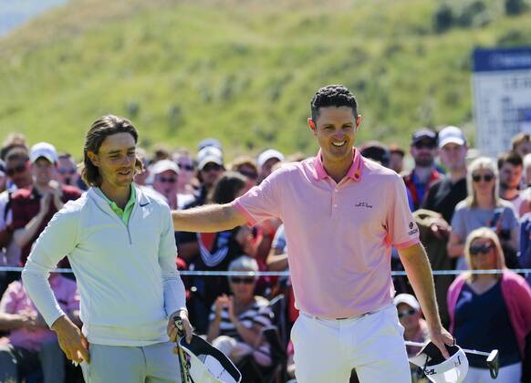 July 8th 2017, Portstewart Golf Club, Portstewart, Northern Ireland; Dubai Duty Free Irish Open Golf Championship, Day 3; Justin Rose (ENG) and Tommy Fleetwood (ENG) congratulate each other at the end of their third round of the Dubai Duty Free Irish Open xNigelxCookex  ActionPlus11899166