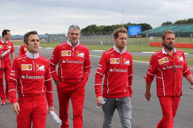 British Grand Prix, Silverstone 13 - 16 July 2017 13.07.2017 - Maurizio Arrivabene (ITA) Ferrari Team Principal and Sebastian Vettel (GER) Scuderia Ferrari SF70H 