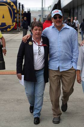 British Grand Prix, Silverstone 13 - 16 July 2017 16.07.2017 - Kate Beavan, Formula One Global Director of Hospitality, Experiences and Packages, with Woody Harrelson (USA) Actor 