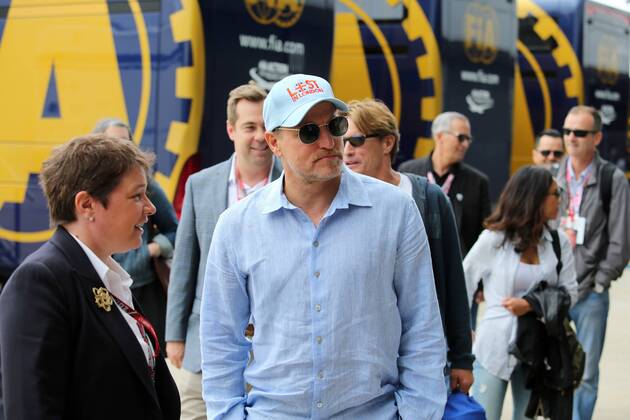 British Grand Prix, Silverstone 13 - 16 July 2017 16.07.2017 - Kate Beavan, Formula One Global Director of Hospitality, Experiences and Packages, with Woody Harrelson (USA) Actor 