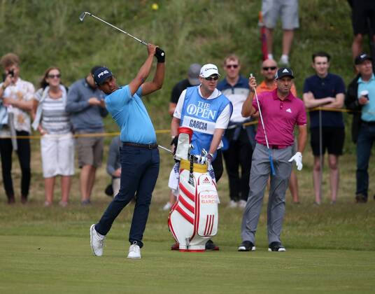 July 19th 2017, Royal Birkdale Golf Club, Southport, England; The 146th Open Golf Championship, Final Practice Day; Sebastian Munoz (COL) plays from the fairway of the third hole watched by Sergio Garcia (ESP) xDavidxBlunsdenx  ActionPlus11903709