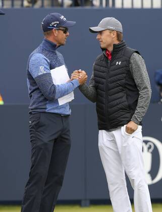 20th July 2017, Royal Birkdale Golf Club, Southport, England; The 146th Open Golf Championship ; First round ; Defending Champion Henrik Stenson (SWE) shakes hands with Jordan Spieth (USA) on the first tee xDavidxBlunsdenx  ActionPlus11903893