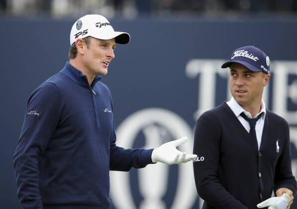 20th July 2017, Royal Birkdale Golf Club, Southport, England; The 146th Open Golf Championship ; First round ; Justin Rose (ENG) chats with Justin Thomas (USA) as they walk from the first tee xDavidxBlunsdenx  ActionPlus11903906