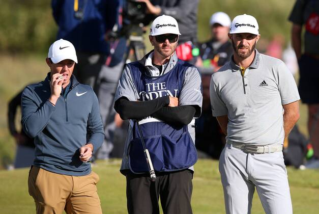 20th July 2017, Royal Birkdale Golf Club, Southport, England; The 146th Open Golf Championship, First round; Rory McIlroy of (NIR) and Dustin Johnson (USA) on the 15th green xDavidxBlunsdenx  ActionPlus11904130
