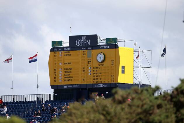 20th July 2017, Royal Birkdale Golf Club, Southport, England; The 146th Open Golf Golf Championship, First round; A view of the main scoreboard above the grandstand on the 18th hole showing Jordan Spieth (USA) and Brooks Koepka of (USA) as joint leaders with opening rounds of 65 xDavidxBlunsdenx  ActionPlus11904194