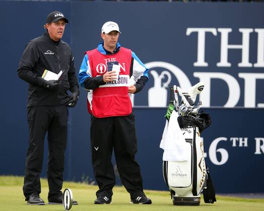 21st July 2017, Royal Birkdale Golf Club, Southport, England; The 146th Open Golf Championship ; Second round ; Phil Mickelson (USA) studies the course planner with his caddie xDavidxBlunsdenx  ActionPlus11904410