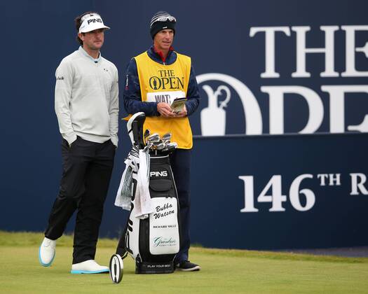 21st July 2017, Royal Birkdale Golf Club, Southport, England; The 146th Open Golf Championship ; Second round ; Bubba Watson (USA) discusses the course planner with his caddie xDavidxBlunsdenx  ActionPlus11904412