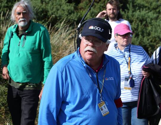 20th July 2017, Royal Birkdale Golf Club, Southport, England; The 146th Open Golf Championship, First round; TV commentator Roger Maltbie following the match of Rory McIlroy (NI) and Dustin Johnson (USA) at the 15th hole xDavidxBlunsdenx  ActionPlus11904418