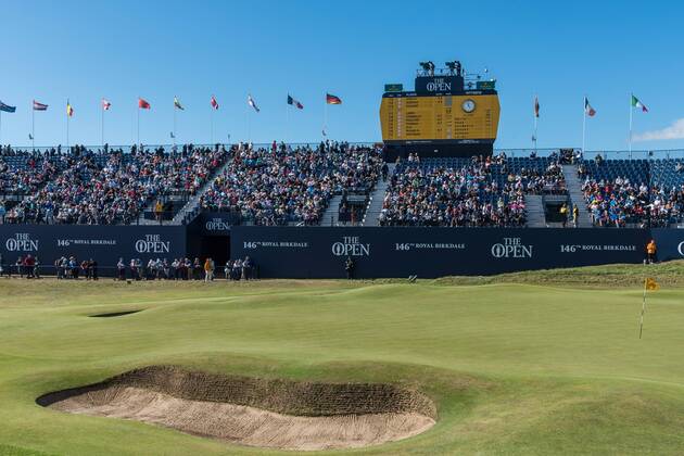 20th July 2017, Royal Birkdale Golf Club, Southport, England; The 146th Open Golf Championship, First round; A view of the scoreboard and grandstand on the 18th hole xDavidxBlunsdenx  ActionPlus11904431