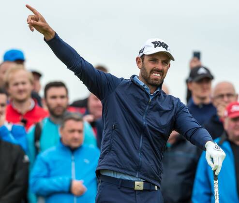 21st July 2017, Royal Birkdale Golf Club, Southport, England; The 146th Open Golf Championship, second round; Charl Schwartzel (RSA) indicates the direction of his errant drive on the 15th tee xDavidxBlunsdenx  ActionPlus11904482