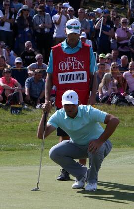 22nd July 2017, Royal Birkdale Golf Club, Southport, England; The 146th Open Golf Championship, third round ; Gary Woodland (USA) and his caddie study his short birdie putt on the par three 7th hole xDavidxBlunsdenx  ActionPlus11905213