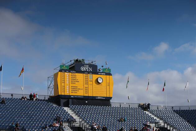 23rd July 2017, Royal Birkdale Golf Club, Southport, England; The 146th Open Golf Championship, fourth round ; A view of the leaderboard above the 18th hole as fans arrive before the start of the final day s play xDavidxBlunsdenx  ActionPlus11905433