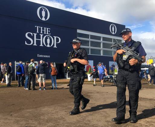 23rd July 2017, Royal Birkdale Golf Club, Southport, England; The 146th Open Golf Championship, fourth round ; Armed Merseyside Police officers on patrol in the tented village xDavidxBlunsdenx  ActionPlus11905437