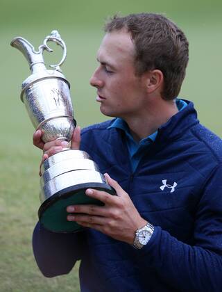 23rd July 2017, Royal Birkdale Golf Club, Southport, England; The 146th Open Golf Championship, fourth round ; Jordan Spieth (USA) kisses the Open Championship claret jug trophy xDavidxBlunsdenx  ActionPlus11905790