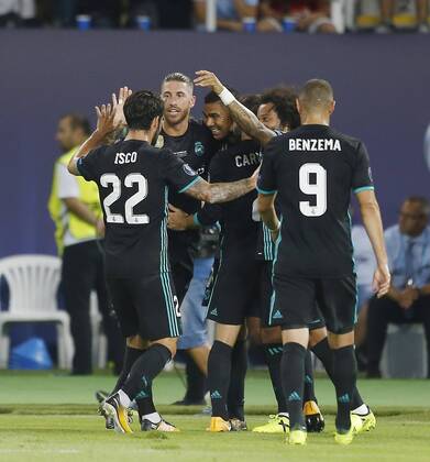 Final de la Supercopa de Europa entre el Real Madrid y el Manchester United ManU En la imagen, celebracion de Casemiro tras marcar. 2017 UEFA Super Cup final match between Real Madrid and Manchester United. In this picture, Real Madrid s Casemiro celebrates after scoring. xÃngelxRiverox