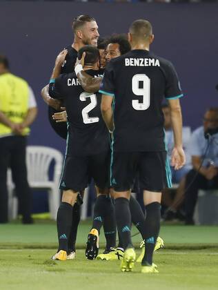 Final de la Supercopa de Europa entre el Real Madrid y el Manchester United ManU En la imagen, celebracion de Casemiro tras marcar. 2017 UEFA Super Cup final match between Real Madrid and Manchester United. In this picture, Real Madrid s Casemiro celebrates after scoring. xÃngelxRiverox