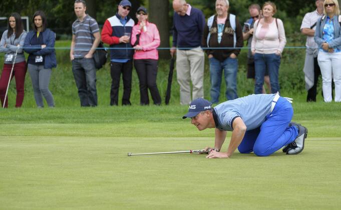 August 13th 2017, Galgorm Castle Golf Club, Galgorm, Northern Ireland; Northern Ireland Open, 4th Round, The Sunday Shootout; Alessandro Tadini ITA) gets down low to line up his putt during the final round of Shootout Sunday xNigelxCookex  ActionPlus11916359