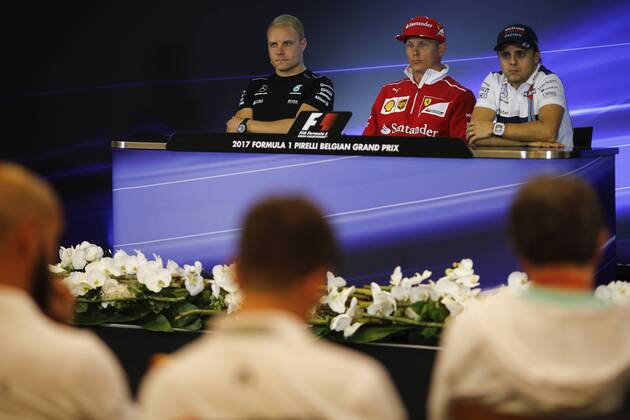 Valtteri Bottas of Finland and Mercedes AMG Petronas F1 Team, Kimi Raikkonen of Finland and Scuderia Ferrari and Felipe Massa of Brazil and Williams Martini Racing are seen in the press conference PK Pressekonferenz during the Formula 1 Grand Prix of Belgium at Circuit de Spa-Francorchamps, Stavelot, Belgium on 24 August 2017. Copyright: xJamesxGasperottix 16370018