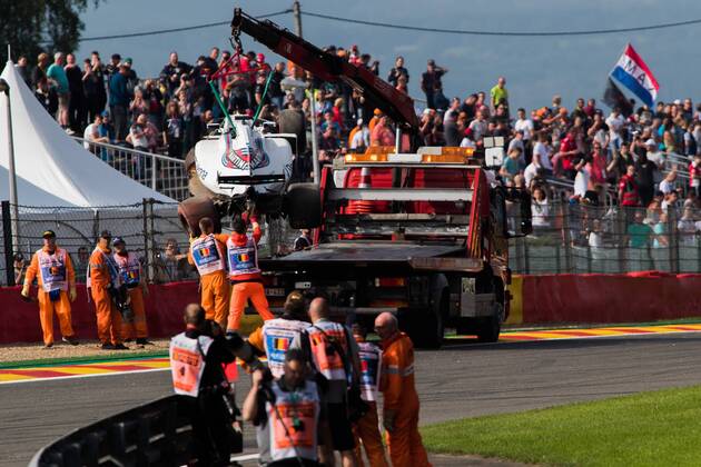 25th August 2017, Circuit de Spa-Francorchamps, Belgium; Belgium Grand Prix, Friday Practice; Felipe MASSA from Brazil of Team Williams Martini Racing, Williams FW40, Mercedes-Benz M08 Hybrid, EQ Power+ crash his car during the FP1 xEricxAlonsox  ActionPlus11920260