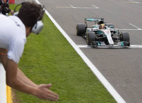 Mercedes British driver Lewis Hamilton crosses the finish line at the Spa-Francorchamps Formula One Grand Prix of Belgium race, in Spa-Francorchamps, Sunday 27 August 2017. BENOITxDOPPAGNE  x05153287x