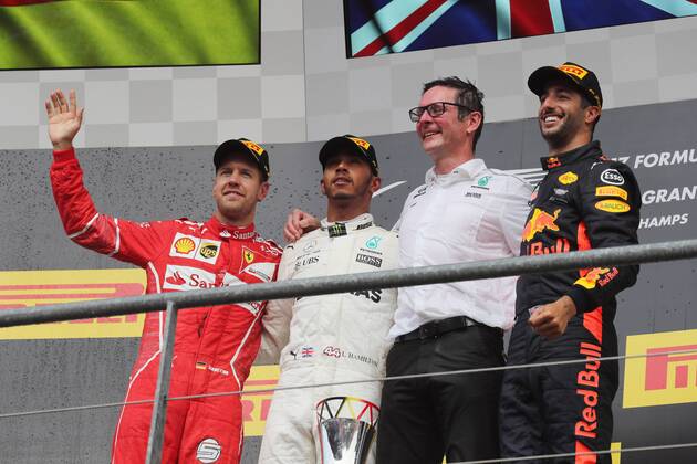 27.08.2017 - Race, 2nd place Sebastian Vettel (GER) Scuderia Ferrari SF70H, Lewis Hamilton (GBR) Mercedes AMG F1 W08 race winner and 3rd place Daniel Ricciardo (AUS) Red Bull Racing RB13 Belgian Grand Prix, Spa-Francorchamps 24 - 27 August 2017 27.08.2017 - Race, 2nd place Sebastian Vettel (GER) Scuderia Ferrari SF70H, Lewis Hamilton (GBR) Mercedes AMG F1 W08 race winner and 3rd place Daniel Ricciardo (AUS) Red Bull Racing RB13 