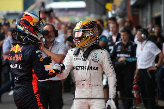 27.08.2017 - Race, 3rd place Daniel Ricciardo (AUS) Red Bull Racing RB13 and Lewis Hamilton (GBR) Mercedes AMG F1 W08 race winner Belgian Grand Prix, Spa-Francorchamps 24 - 27 August 2017 27.08.2017 - Race, 3rd place Daniel Ricciardo (AUS) Red Bull Racing RB13 and Lewis Hamilton (GBR) Mercedes AMG F1 W08 race winner