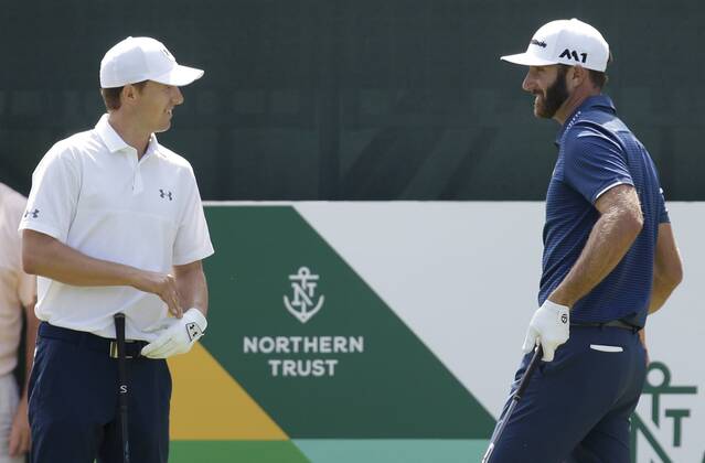 Jordan Spieth and Dustin Johnson smile on the first hole tee box when they are paired together in the final group in the final round of The Northern Trust golf championship at the Glen Oaks Club in Old Westbury, New York on August 27, 2017. Glen Oaks Club is hosting THE NORTHERN TRUST for the first time.  NYP20170827103 JOHNxANGELILLO