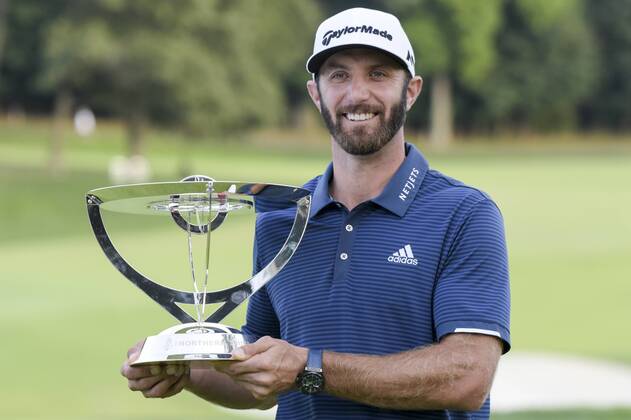 August 27, 2017 - Old Westbury, New York, U.S - Dustin Johnson holds the winning trophy after the final round of The Northern Trust at Glen Oaks Club in Old Westbury, NY. GOLF 2017 - The Northern Trust - Final Round - ZUMAc119 20170827_zaf_c119_037 Copyright: xBrianxCianciox