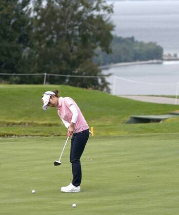 Golf: Miyazato hoping to close out career with coveted major title Ai Miyazato of Japan putts during a practice round for the Evian Championship at Evian Resort Golf Club in Evian-les-Bains, France, on Sept. 12, 2017. Miyazato, who won the tournament in 2009 and 2011 before it became a major in 2013, will retire at the end of the event starting Sept. 14. 