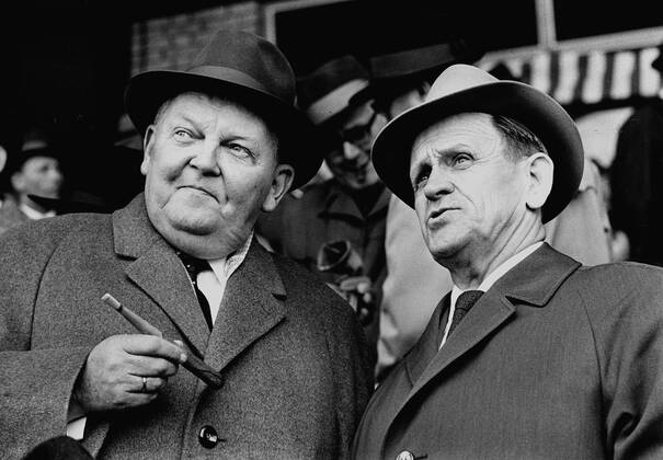 Finals to The German Football championship 1 FC Cologne Hamburg SV 1 0 at 28 04 1962 in Hanover German coach Sepp Herberger right and the Minister of Economic Affairs and later Federal Chancellor Ludwig Erhard as Observers HM