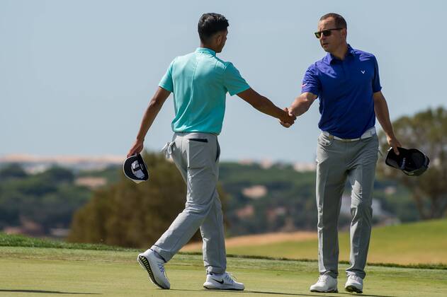 Niclas Fasth congratulates Jack Singh Brar at the end of round during day 1 the European Tour - Portugal Masters 2017 at Dom Pedro Victoria Golf Course, Vilamoura, Portugal on 21 September 2017. Copyright: xMatthewxBuchanx 16770022