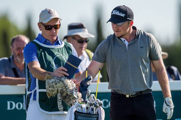 Eddie Peppered of England discusses his shot with his caddy during day 2 of the European Tour - Portugal Masters 2017 at Dom Pedro Victoria Golf Course, Vilamoura, Portugal on 22 September 2017. Copyright: xMatthewxBuchanx 16770039