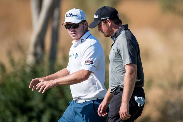 Joint leaders George Coetzee chats with Eddie Peppered as they walk from the tee during day 2 of the European Tour - Portugal Masters 2017 at Dom Pedro Victoria Golf Course, Vilamoura, Portugal on 22 September 2017. Copyright: xMatthewxBuchanx 16770045