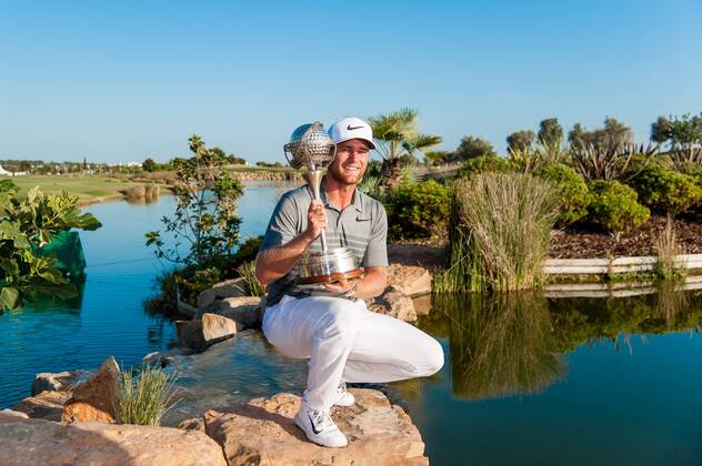 Portugal Masters champion Lucas Bjerregaard with the trophy during day 4 of the European Tour - Portugal Masters 2017 at Dom Pedro Victoria Golf Course, Vilamoura, Portugal on 24 September 2017. Copyright: xMatthewxBuchanx 16770206