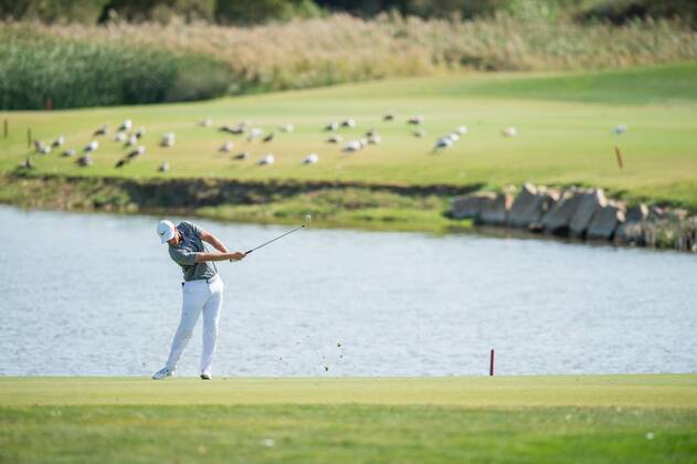Lucas Bjerregaard plays his shot on the 11th during day 4 of the European Tour - Portugal Masters 2017 at Dom Pedro Victoria Golf Course, Vilamoura, Portugal on 24 September 2017. Copyright: xMatthewxBuchanx 16770269