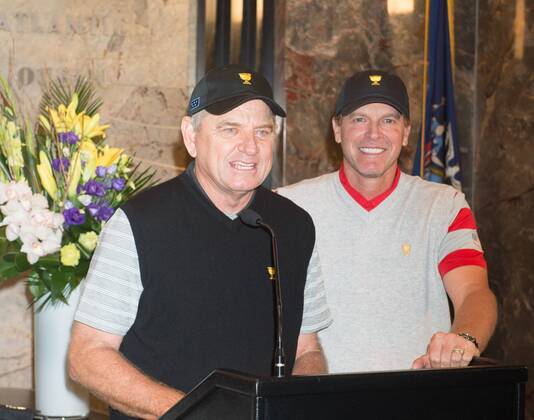September 26, 2017 - New York, New York, U.S - European team captain NICK PRICE and American team captain STEVE STRICKER light the Empire State Building to celebrate the President s Cup golf tournament, on September, 26, 2017 in New York. Nick Price and Steve Stricker Light The Empire State Building for The President s Cup - ZUMAb148 20170926_zap_b148_008 Copyright: xBryanxSmithx