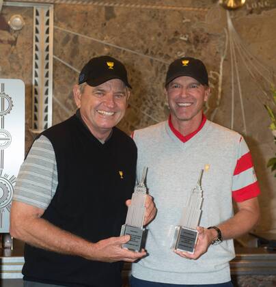 September 26, 2017 - New York, New York, U.S - European team captain NICK PRICE and American team captain STEVE STRICKER light the Empire State Building to celebrate the President s Cup golf tournament, on September, 26, 2017 in New York. Nick Price and Steve Stricker Light The Empire State Building for The President s Cup - ZUMAb148 20170926_zap_b148_011 Copyright: xBryanxSmithx