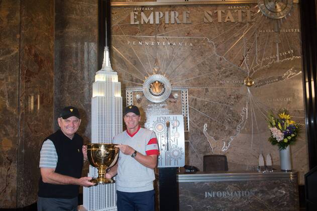 September 26, 2017 - New York, New York, U.S - European team captain NICK PRICE and American team captain STEVE STRICKER light the Empire State Building to celebrate the President s Cup golf tournament, on September, 26, 2017 in New York. Nick Price and Steve Stricker Light The Empire State Building for The President s Cup - ZUMAb148 20170926_zap_b148_019 Copyright: xBryanxSmithx