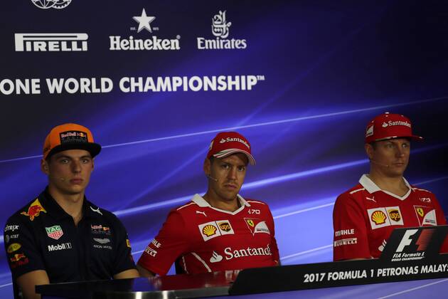 28.09.2017 - press conference PK Pressekonferenz Max Verstappen (NED) Red Bull Racing RB13, Sebastian Vettel (GER) Scuderia Ferrari SF70H and Kimi Raikkonen (FIN) Scuderia Ferrari SF70H Malaysian Grand Prix, Sepang 28 September - 1 October 2017 28.09.2017 - Press conference, Max Verstappen (NED) Red Bull Racing RB13, Sebastian Vettel (GER) Scuderia Ferrari SF70H and Kimi Raikkonen (FIN) Scuderia Ferrari SF70H 