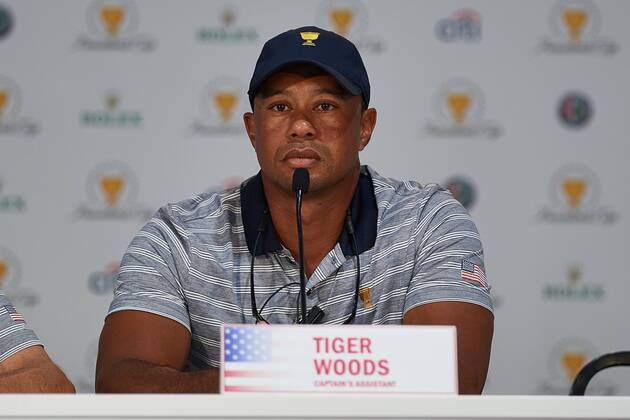 JERSEY CITY, NJ - SEPTEMBER 27: Captain s Assistant Tiger Woods of the American Team is interviewed after practice rounds prior to the Presidents Cup at Liberty National Golf Club on September 27, 2017 in Jersey City, New Jersey. (Photo by Shelley Lipton Icon Sportswire) GOLF: SEP 27 PGA Golf Herren - The Presidents Cup - Preview Day 3 Icon17092742 EDITORIAL USE ONLY