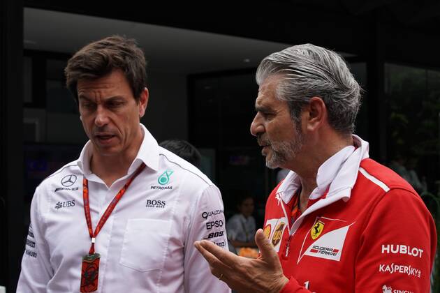 29.09.2017 - Free Practice 1, Toto Wolff (GER) Mercedes AMG F1 Shareholder and Executive Director and Maurizio Arrivabene (ITA) Ferrari Team Principal Malaysian Grand Prix, Sepang 28 September - 1 October 2017 29.09.2017 - Free Practice 1, Toto Wolff (GER) Mercedes AMG F1 Shareholder and Executive Director and Maurizio Arrivabene (ITA) Ferrari Team Principal 