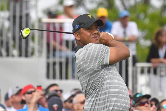 Friday September 29, 2017: Jhonattan Vegas of the International Team watches his tee shot on the 2nd hole during the second round of the Presidents Cup at Liberty National Golf Course in Jersey City, New Jersey. CSM PGA Golf Herren 2017: Presidents Cup SEPT 29 - ZUMAc04_ 20170929_zaf_c04_036 Copyright: xGregoryxVasilx