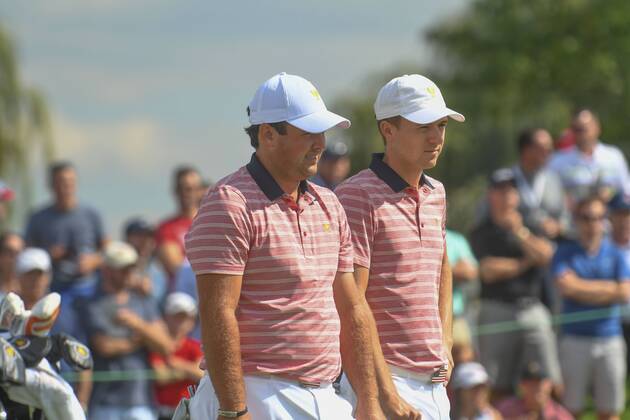 Friday September 29, 2017: Jordan Spieth and Patrick Reed of the United States stand on the green of the 3rd hole during the second round of the Presidents Cup at Liberty National Golf Course in Jersey City, New Jersey. CSM PGA Golf Herren 2017: Presidents Cup SEPT 29 - ZUMAc04_ 20170929_zaf_c04_049 Copyright: xGregoryxVasilx
