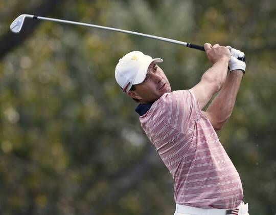 Justin Thomas of the United States hits a tee shot from the 12th hole on day two of the Presidents Cup on September 29, 2017 at Liberty National Golf Club in Jersey City, New Jersey.  NYP20170929507 RICHxSCHULTZ